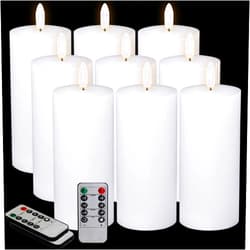 Oleitodh 9 Pcs White Flameless Candles Flat Top LED Candles with Remote Timer, Pillar Flameless Candle Bulk Flickering Battery Operated Candle for Wedding Festival Outdoor Home Decor D 3'' H 6''