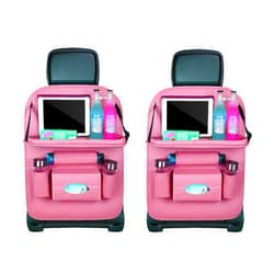 BWGHBH Car Seat Back Organizer with Foldable Table Tray PU Leather Storage Organizer with Pockets Kick Mats Seat Protectors Interior Accessories For Men Women Travel 2PCS Pink
