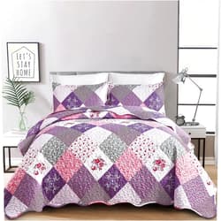 Dinjoy Purple Quilt Set Twin Size, Reversible Floral Plaid Patchwork Pattern Bedding Set Soft Microfiber Lightweight Bedspread 3 Piece Spring Summer Fall Use (68x86 inches)