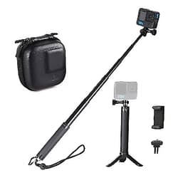 HSU Mini Carrying Case and Extendable Aluminum Selfie Stick Compatible with GoPro Hero 11/10/9/8/7/6/ AKASO/Campark/YI Action Camera and More