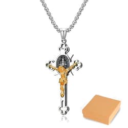 Kcsznk ST.Benedict Protection Cross Power Pendant Necklace, Religion Stainless Steel Crucifix Pendant Necklace Jewelry Gifts for Women Men with Gift Box