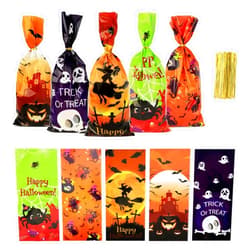 Leislam Halloween Treat Bags, Halloween Cellophane Treat Bags, 50 PCS Halloween Candy Bags, Halloween Cello Cookie Goodies Gift Bags with 50pcs Ties for Halloween Trick or Treat Party Favors Supplies, 5 Style