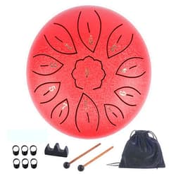 NUEVEN Steel Tongue Drum 11 Notes 6 Inches Dia Lotus type Steel Handpan Drum Percussion Drums Instrument Steel Tung Drum C-Key with Mallets, Book, Notes Sticker,Drum Stick Holders, Finger Picks, Bag (Red)