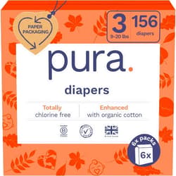 Pura Hypoallergenic Diapers, Size 3 (9-20 lbs) Monthly Pack, Overnight, up to 12 Hours Leak Protection, Suitable for Sensitive Skin, TCF, Super Soft Organic Cotton, 6 Packs of 26 (156 Baby Diapers)
