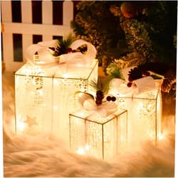 COVFEVER Christmas Lighted Gift Boxes with Star Ornament, 3 Pack Pre-lit Present Boxes Set Battery Operated with Different Sizes for Holiday Indoor Outdoor Decorations(White Bow)