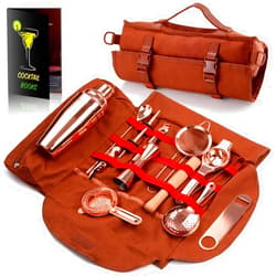Eligara Travel Bartender Kit with Bag | 17-Piece Copper Bar Tool Set & Portable Bar Bag with Shoulder Strap for Easy Carry and Storage | Best Rose Gold Travel Bar Set for Cocktail Making