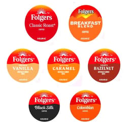 KUPIX Folgers K-cups Coffee Pods Variety Sampler Includes Classic Roast, Black Silk, Breakfast Blend, Colombian, Hazelnut, Caramel and French Vanilla for Keurig Brewers. 24 Count