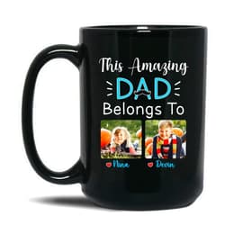 BixDori Upload Image Kids Mug For Dad, Custom This Amazing Dad Belongs To Coffee Cup, Personalized Dad Porcelain Mug With Name & Photo, Black Father Cup 11oz or 15oz, Customized Daddy Gift On Fathers Day