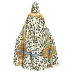 WBQLSL Adult Cosplay Cape, Labyrinth Treasure Map Patterned Witch Robe, Men and Women Halloween Prom Party Hooded Cape