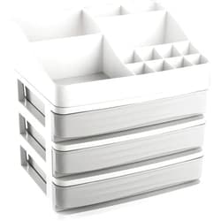 DEAYOU Makeup Cosmetic Organizer with 3 Drawers, Plastic Skincare Storage Box with Lipstick Brush Holder, Jewelry Vanity Organizer Desktop Sundry Storage Case for Countertop, Bathroom, Bedroom (Gray)