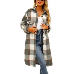 SeekMe Women's Long Plaid Shirt Jacket Shacket Lapel Button Down Woolen Blend Casual Tartan Over Shirt Trench Coat