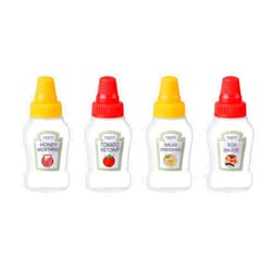 ZAYOIZY 4pcs Mini Condiment Squeeze Bottles 25ml Honey/Ketchup/Soy Sauce/Salad Dressing Dispensers Squeezable Jars Containers Plastic Portable Lunchbox with Sturdy Screw Cap