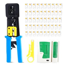 Delgada RJ45 Pass Through Crimp Tool Kit - Ethernet Crimping Tool with 50 Cat5/Cat5e/Cat6 Connectors, Network Cable Tester, and Wire Stripper for RJ45/RJ12 Regular