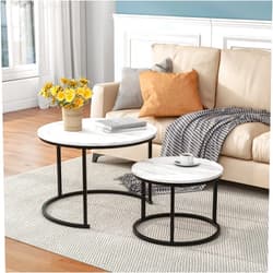 HOJINLINERO Nesting Round Coffee Table Set of 2 End Tables for Living Room,Circular and Marble Coffee Table Wooden Accent Furniture with Metal Frame,Stacking Side Tables,Black