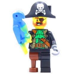 The Brick Chest Pirate Captain Minifigure Includes Marbled Blue Parrot Bird with Jolly Rogers Crossbones Skeleton Pirate Hat