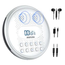 ARAFUNA CD Player Portable, Rechargeable Portable CD Players for Car with Speakers, Anti-Skip Walkman CD Player with Backlit Button, LCD Display and AUX Cable