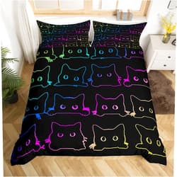 Erosebridal Cute Cats Duvet Cover Queen Kawaii Cat Pet Bedding Set for Teens Children Colorful Neon Ombre Kawaii Animal Line Comforter Cover Lovely Cat Lovers Room Decor Reversible Black Quilt Cover