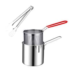 UPKOCH Stainless Steel Frying Pot Noodle Strainer with Handle Deep Frying Pan Japanese Tempura Fryer with Mesh Basket and Tong for French Fries Chicken Kitchen Use 23.5X4.5X1.5CM