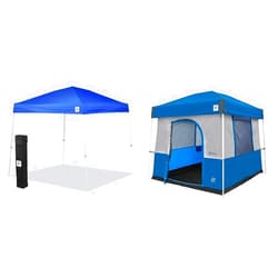 E-Z UP 10' x 10' Canopy, Spike Set, Roller Bag and Camping Cube Tent Converter for Shelter, Royal Blue