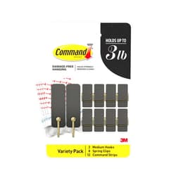 Command Mixed Hooks Pack, 10 Soot Hooks, 12 Strips (2 Medium Hooks, 8 Spring Clips), Wall Hooks for Hanging Christmas Decorations
