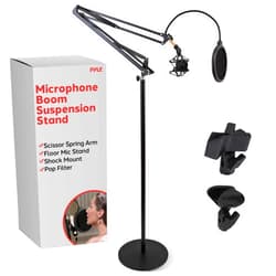 Pyle Microphone Boom Suspension Stand - Adjustable Scissor Spring Arm Floor Mic Stand with Shock Mount, Pop Filter, 3.1 ft Arm Extension for Podcast, Studio, Streaming, Radio Broadcasting, Black