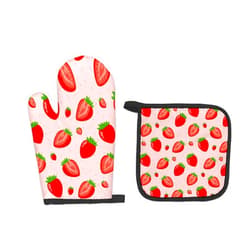 FIicy Pink Red Strawberry Oven Mitts and Pot Holders Sets, Pink Strawberry Kitchen Accessories Sets Decor, Red Fruit Strawberry Heat Resistant Oven Glove Potholders for Kitchen Cooking Baking