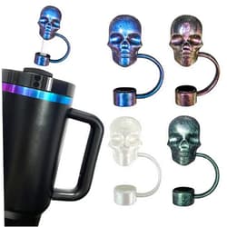 Ethlomoer 4Pcs Laser Skull Straw Topper, Halloween Straw Cover Cap for Stanley Cup, 3D Skull Stanley Straw Covers for 30&40 Oz Tumbler, 10mm Reusable Drinking Straw Caps Stanley Cup Accessories Halloween Gifts