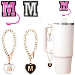 Yisinar Straw Cover for Stanley Cup Accessories White Black Letter Cover Cap Letter Charms for Stanley 30&40 Oz Tumblers with Handle/Yeti,Initial Letter Name Plate Straw Toppers (M 2pcs letter & 2pcs charms)