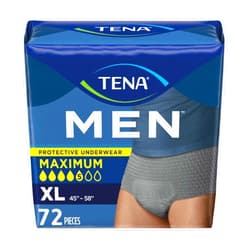TENA Protective Adult Incontinence Underwear for Men, Maximum Absorbency, Extra Large, Grey, Disposable, 72 Count (4 Packs of 18)