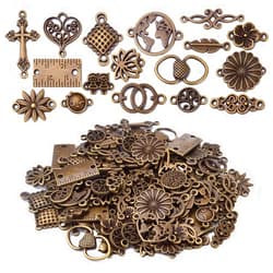 BronaGrand Connectors Charms,100g Craft Supplies Antique Bronze Flower Leaf Heart Cross Ruler Charm Beads Connectors Bracelet Charm Connectors for Dangle Earrings Necklace Jewelry Making