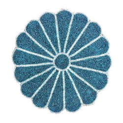 Alpha Living Home Farmhouse Beaded Placemats for Dining Table - Pack of 1 Measure 13 inches Beaded Placemats Round for Gathering, Occasional and Family Parties Celebrations in Silver/Teal Colour