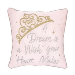 NoJo Disney Princess Enchanting Dreams Pink and Gold Embroidered Crown Decorative Throw Pillow with White Pom Pom Trim