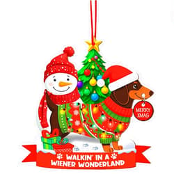 PERSONAL84 Dachshund Christmas Ornament, Walkin’ in a Wiener Wonderland, Custom Sausage Dog Xmas Tree Decoration, Festive Dachshund Wearing Sweater with Snowman, Gift for Pet Moms & Dog Lovers