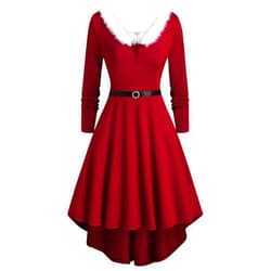 Generic Plus Size Christmas Dresses for Women Short Length Sleeve Dress Skirt Pleated Prom Hepburn Dresses with Belt