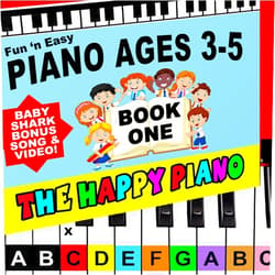 The HAPPY PIANO PRESCHOOLERS Book & Color-Coded Stickers KIT. SO EASY-to-FOLLOW. Kids Toddlers AGES 3-5. Beginner music book, BABY SHARK lesson video, FREE Book 2 (digital) 20K taught since 2006!