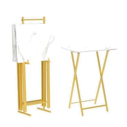 HOOBRO Folding TV Tray Tables, Set of 4 TV Trays with Storage Rack, Industrial Side Table for Eating at Couch, Foldable Snack Table for Small Space, Easy Assembly, Marble and Gold DM50BZ01