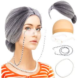 Feacole Old Lady Costume Set-Grandmother Wig,Wig Caps, Madea Granny Glasses, Eyeglass Retainer Chain,Pearl Necklace(5 Pieces)