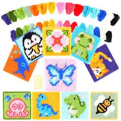 Pllieay 10-in-1 Cross Stitch Beginner Kit for Kids, Embroidery Kit Includes 10pcs Plastic Mesh Canvas with Pattern, 15 Yarns, 5 Weaving Needles, Needle Points Starter Kit Sewing Set with Instructions