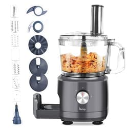Davivy Food Processor 7 Cup, Built-in Storage Drawer Small Food Processors with 10 set blades,French fry cutting,Wavy slicing for Home Use,3-Speed, Grey,600W