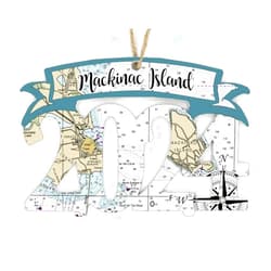 MapMom Mackinac Island New Year 2024 Souvenir Ornament | 4” Wood Hanging Map Ornament with Artwork & Charm | Perfect for Wine Bottles, Gift Bags, or Christmas Tree