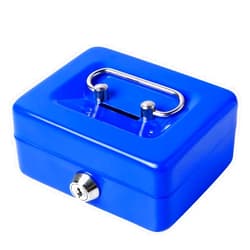 Jssmst Small Cash Box with Lock and Slot, Metal Coin Piggy Bank for Adults and Kids, Blue Locking Money Box
