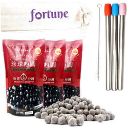 WuFuYuan Boba Tapioca Pearl Bubble Tea Drink DIY Set | WuFuYuan Black Large Balls 8.8oz (3 pack) + 3 FortuneHouse Reusable Stainless Steel Round Boba Straws, 3 Silicone Tips, 1 Cleaning Brush, 1 Canvas Bag