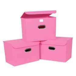 SEVENDOME Linen Fabric Foldable Collapsible Storage Cube Bin Organizer Basket Fabric Storage Bins with Lid, Leather Handles, Removable Divider for Home, Closet, Pink 3Pcs