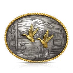 Montana Silversmiths On The Banks with Ducks Oval Rope Edge Western Belt Buckle