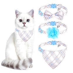 VKPETFR Breakaway Cat Collar with Bow Tie and Bell, Cute Flower & Bandana, 3 Pack Safety Buckle Kitten Collars, Adjustable Pet Collar for Girl Boy Cats Puppy (Blue Plaid)
