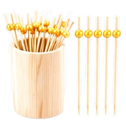 PEUTIER 100pcs Cocktail Picks with Holder, 4.72 Inch Fancy Toothpicks for Appetizers Gold Pearl Decorative Skewers Wooden Food Sticks for Drinks Fruit Desserts Wedding Holiday Party Decoration