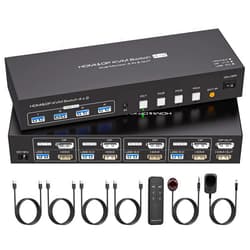 ATLAHET Dual Monitor HDMI+Displayport KVM Switch 4 Computers 2 Monitors 4K 60Hz 2K 120Hz 4 Port KVM Switches for Four PC Share Four USB 3.0 Devices with Remote Control, USB Cables and Power Adapter