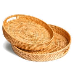 HITOMEN Hand-Woven Round Rattan Serving Tray Decorative Ottoman Wicker Platter with Handles for Coffee Table, Breakfast, Drinks, Snack, Bread, Fruit, Vegetables (Natural Set of 2: M+L)
