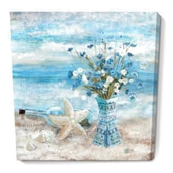 Nicetop Bathroom Decor Wall Art Blue Beach Picture Ocean Theme Flower Canvas Print Modern Coastal Seascape Painting Framed Seaside Artwork Floral Daisy in Indian Vase for Home Sea Lake Bedroom 14x14inch