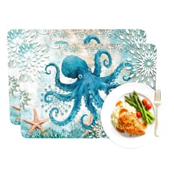 PUXTKE DAZQW Octopus Sea Monster Starfish Coral Rectangle Placemat,PU Heat-Proof Table Mats Placemats Vintage Map Blue Ocean Waterproof Table Mat for Indoor Outdoor Kitchen Dining Party,Set of 2,12x18in